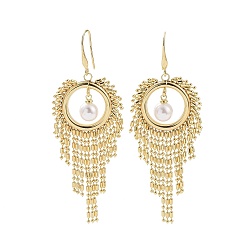 Golden Brass Dangle Earrings, Cluster Earrings, with ABS Plstic Imitation Pearls, Golden, 80mm, Pin: 0.7mm