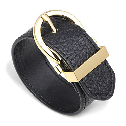Black Leather Cord Bracelets, with Alloy Findings, Golden, Black, 10 inch(25.5cm), 28mm Wide