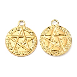Real 18K Gold Plated 304 Stainless Steel Pendants, Flat Round with Star Charm, Real 18K Gold Plated, 20x17x2mm, Hole: 3mm