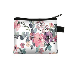 White Flower Pattern Cartoon Style Polyester Clutch Bags, Change Purse with Zipper & Key Ring, for Women, Rectangle, White, 13.5x11cm
