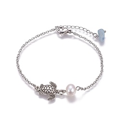 Antique Silver & Stainless Steel Color Stainless Steel Link Bracelets, with Pearl Beads, Natural Aquamarine Beads and Alloy Findings, Sea Turtle, Antique Silver & Stainless Steel Color, 7-3/8 inch(18.7cm), 2mm
