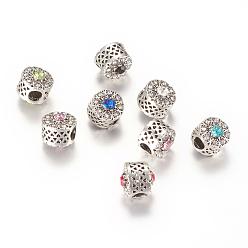 Mixed Color Alloy Rhinestone European Beads, Large Hole Beads, Flat Round, Antique Silver, Mixed Color, 11.5~12x11.5mm, Hole: 4mm