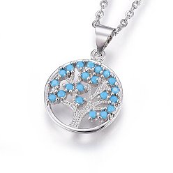 Stainless Steel Color 304 Stainless Steel Pendant Necklaces, with Cubic Zirconia, Flat Round with Tree of Life, Deep Sky Blue, Stainless Steel Color, 17.71 inch(45cm)