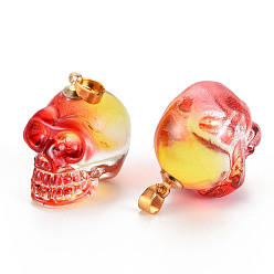 Orange Red Electroplate K9 Glass Pendants, with Golden Plated Brass Bails, Skull, Halloween, Orange Red, 25x26~27x19mm, Hole: 5x3mm