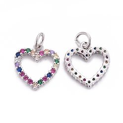 Platinum Brass Micro Pave Cubic Zirconia Charms, with Jump Rings, Heart, Colorful, Platinum, 13x12.5x2mm, Hole: 3mm
