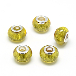 Kaki Clair Résine perles européennes, Perles avec un grand trou   , avec noyaux en laiton plaqué couleur argent, Rondelle de grandes perles de trou, kaki clair, 13.5x9~9.5mm, Trou: 5mm