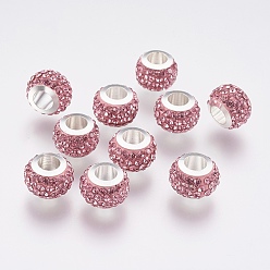 Rosa Claro 304 de acero inoxidable de cuentas europeo, con diamantes de imitación de arcilla polimérica, abalorios de grande agujero, Rondana plana, rosa luz, 11x7.5 mm, agujero: 5 mm