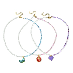 Couleur Mélangete 3pcs 3 colliers à pendentif en alliage d'émail de style sertis de chaînes de perles de graines de verre, papillon et coeur et fleur rose, couleur mixte, 17.24 pouce (43.8 cm), 1 pc / style