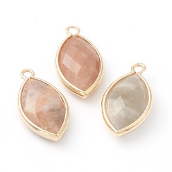 Sunstone Natural Sunstone Pendants, with Golden Brass Edge, Faceted, Horse Eye, 22x12x5.5mm, Hole: 1.8mm