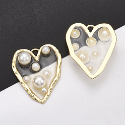 Clear Epoxy Resin Pendants, with Alloy Findings and ABS Plastic Imitation Pearl, Heart, Light Gold, Clear, 36x31x8mm, Hole: 2mm