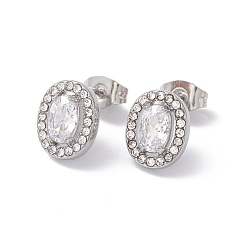 Crystal Cubic Zirconia & Rhinestone Oval Stud Earrings, 304 Stainless Steel Jewelry for Women, Stainless Steel Color, Crystal, 10x8mm, Pin: 0.6mm
