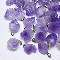 Amethyst Natural Amethyst Pendants, with Stainless Steel Snap On Bails, Nuggets, Stainless Steel Color, 15~40x10~20x5~15mm, Hole: 3~4x7~8.5mm