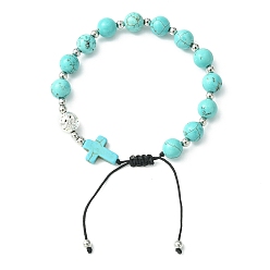 Synthetic Turquoise Synthetic Turquoise Round & Cross Braided Bead Bracelets, Adjustable Nylon Cord Bracelets for Women, Inner Diameter: 2-1/8~3-1/8  inch(5.5~8cm)