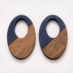 Bleu De Prusse Pendentifs en bois de résine et de noyer, ciré, ovale, null, 35.5x21.5x3~4mm, Trou: 16x10mm