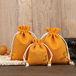 Orange Linenette Drawstring Bags, Rectangle with Lotus Flower Pattern and Beads, Orange, 10x8cm