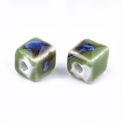 Green Handmade Porcelain Beads, Fancy Antique Glazed Porcelain, Cube, Green, 8x7.5~8x7.5~8mm, Hole: 1.5~2mm