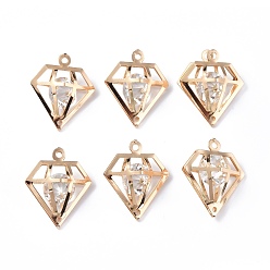 Clear Rack Plating Light Gold Iron Pendants, with Clear Glass Rhinestone, Diamond Charm, Clear, 31x26x11mm, Hole: 2mm