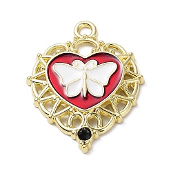 Oro Colgantes de la aleación del esmalte, con diamante de imitación, colgante de corazón con mariposa, dorado, 33.5x26x3 mm, agujero: 2.8 mm