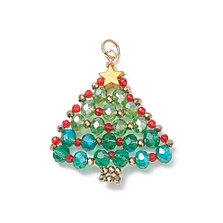 Doré  Pendentifs tressés en perles de verre, Avec anneau de saut en laiton, arbre de Noël, or, 32.5x27.5x4mm, Trou: 3.2mm