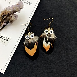 Black Alloy Owl with Feather Dangle Earrings, Long Drop Earrings for Women, Black, 50x50mm