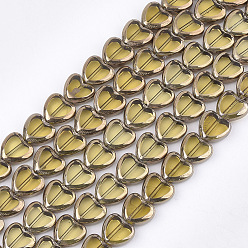 Verge D'or Pâle Perles en verre electroplate, bord plaqué, cœur, verge d'or pale, 10x10x4mm, Trou: 1mm, Environ 30 pcs/chapelet, 11.4 pouce