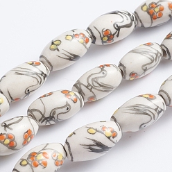Oiseau Perles de porcelaine imprimés faits à la main, ovale, motif oiseau et cage à oiseaux, 14~16x8~9mm, Trou: 1.5~2mm, Environ 23 pcs/chapelet, 13.5 pouce (34 cm)