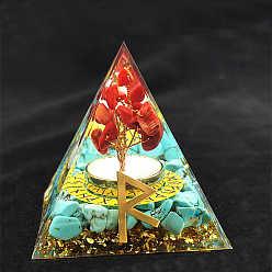 Turquesa Sintético Símbolo de runa vikinga-paseo decoraciones de exhibición de resina de pirámide de orgonita, con chips sintéticos de color turquesa en el interior, para el escritorio de la oficina en casa, 50~60 mm