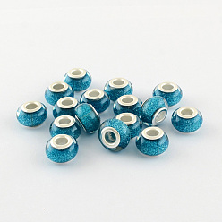 Turquoise Foncé  Perles européennes en résine de grand trou, avec couleur argent plaqué doubles noyaux de cuivre, rondelle, turquoise foncé, 14x9mm, Trou: 5mm