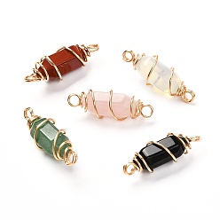 Mixed Stone Natural & Synthetic Gemstone Linnks, with Real 18K Gold Plated Eco-Friendly Copper Wire, Double Terminated Pointed, Bullet, 29~30x10~10.5mm, Hole: 3~3.5mm