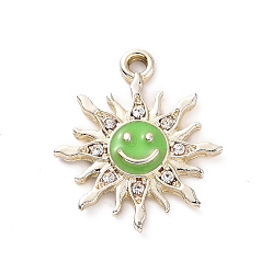 Lime Green Alloy Enamel Pendants, with Crystal Rhinestone, Smiling Sun Charms, Golden, Lime Green, 22.5x19.5x2.5mm, Hole: 2mm