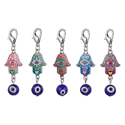 Platinum Hamsa Hand with Evil Eye Alloy Enamel & Lampwork Pendant Decorations, with Alloy Lobster Claw Clasps, Platinum, 55mm