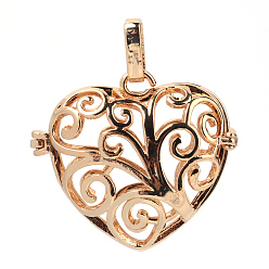 Light Gold Rack Plating Brass Cage Pendants, For Chime Ball Pendant Necklaces Making, Hollow Heart, Light Gold, 31x33x15.5mm, Hole: 3x7mm, inner measure: 22x26mm
