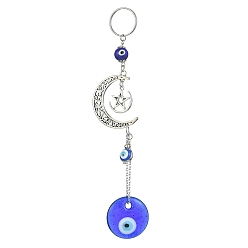 Blue Flat Round with Evil Eye Handmade Lampwork Pendant Decorations, with Alloy Moon & Star Hanging Ornaments, Blue, 158mm