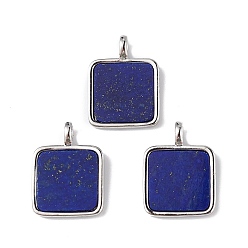 Lapis Lazuli Naturelles lapis-lazuli pendentifs, breloques carrées avec crémaillère finitions en laiton ton platine, sans plomb et sans cadmium, 16~16.5x12x1.5mm, Trou: 1.5x2mm