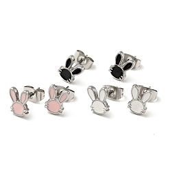 Mixed Color Enamel Rabbit Stud Earrings with 316 Surgical Stainless Steel Pins, Stainless Steel Color Plated 304 Stainless Steel Jewelry for Women, Mixed Color, 8.5x6.5mm, Pin: 0.8mm