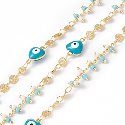 Cyan Handmade Eco-friendly Brass Flat Round & Heart Link Chain, with Enamel Evil Eye & Glass Seed Beaded, Real 18K Gold Plated, Lead Free & Cadmium Free, Soldered, with Spool, Cyan, 12x8x5mm, 6x7x2mm, 4x0.5mm