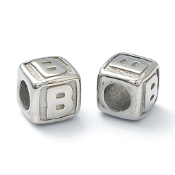 Letter B 304 acier inoxydable perles européennes, Perles avec un grand trou   , trou horizontal, cube avec la lettre, couleur inox, letter.b, 8x8x8mm, Trou: 4mm