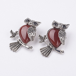 Carnelian Natural Carnelian Pendants, with Alloy Finding, Owl, Antique Silver, 46.5x35.5x11.5mm, Hole: 6x8.5mm