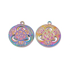 Rainbow Color Ion Plating(IP) 304 Stainless Steel Pendants, Flat Round with Trinity Knot Charm, Rainbow Color, 29x25x2mm, Hole: 3mm