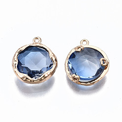 Marine Blue Two-Tone Faceted Glass Charms, with Brass Prong Settings, Flat Round, Light Gold, Marine Blue, 14x12x4.5mm, Hole: 1mm