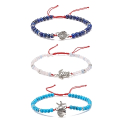 Lapis Lazuli Ensemble de bracelets en perles tressées, style naturel, lapis-lazuli, aigue-marine et turquoise synthétique (teintes), alliage étoile de mer et coquillages et bracelets à maillons de tortue pour femmes, diamètre intérieur: 3 pouce (3 cm), 2-1/4~3-5/8 pc / style