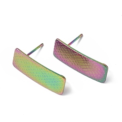 Rainbow Color Chapado de iones (ip) 304 fornitura de arete de acero inoxidable, con bucles verticales, rectángulo texturizado, color del arco iris, 20x8 mm, agujero: 2.5 mm, pin: 0.8 mm