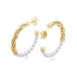 Golden ABS Plastic Imitation Pearl Beaded Ring Stud Earrings, Brass Half Hoop Earrings for Women, Golden, 28.5x30x4mm, Pin: 0.7mm