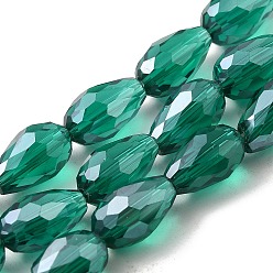 Teal Electroplate Glass Beads Strands, Pearl Luster Plated, Faceted, Drop, Teal, 11x8mm, Hole: 1mm, about 57~59pcs/strand, 26.38~26.77 inch
