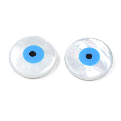 Light Sky Blue Natural White Shell Mother of Pearl Shell Beads, with Synthetic Turquoise, Flat Round with Evil Eye, Light Sky Blue, 15x3mm, Hole: 0.7mm