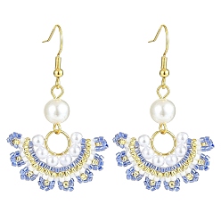 Azul Royal Abanico de cuentas de cristal con pendientes colgantes de perlas de imitación, oro 304 joyas de acero inoxidable para mujer., azul real, 51 mm, pin: 0.8 mm