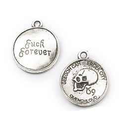 Antique Silver Tibetan Style Alloy Pendants, Flat Round with Skull & Word, Antique Silver, 20x17x3mm