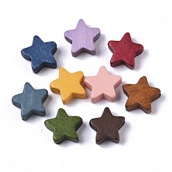 Mixed Color Painted Natural Wood Beads, Star, Mixed Color, 14~15x14~15x5.5mm, Hole: 1.5mm