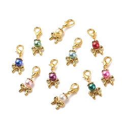 Mixed Color Acrylic Imitation Pearl Pendant Decorations, Lobster Clasp Charms, Clip-on Charms, for Keychain, Purse, Backpack Ornament, Stitch Marker, Bowknot, Mixed Color, 35.5~36mm