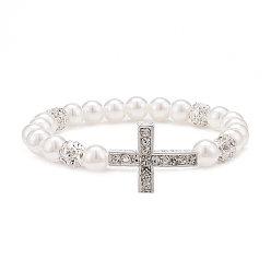 White Alloy Rhinestone Religion Cross Bracelets, ABS Plastic Imitation Pearl & Brass Clear Rhinestone Beaded Stretch Bracelets for Women, White, 1/4 inch(0.8cm), Inner Diameter: 2-1/4 inch(5.6cm)